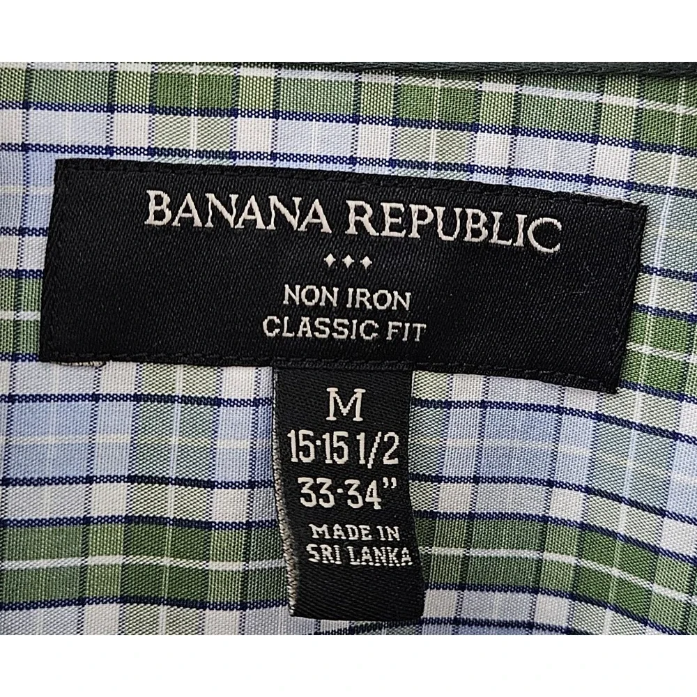 Banana Republic Mens Button Down Shirt Non Iron Medium 15-15.5‎ Green Blue Plaid